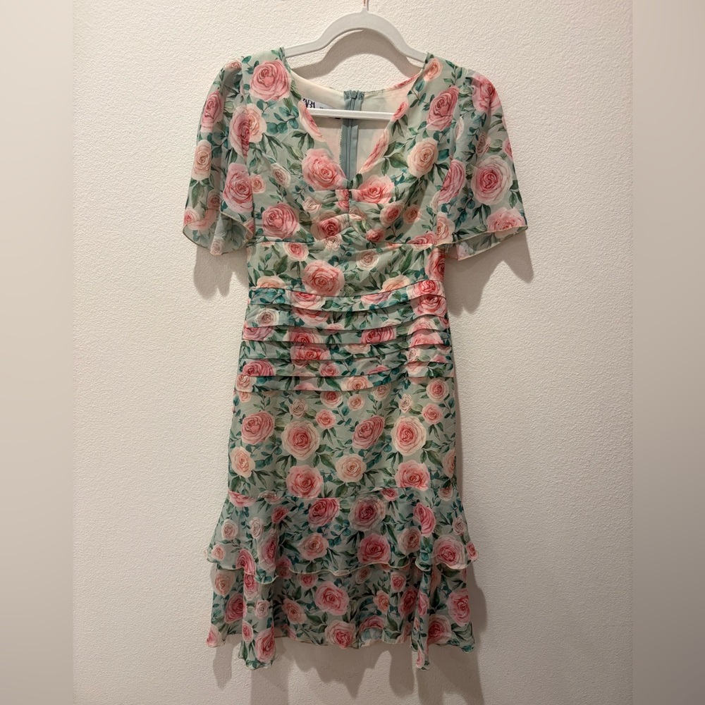 Zara Pink and Green Floral Spring Midi Dress, Romantic Cottage-Core, Fairycore